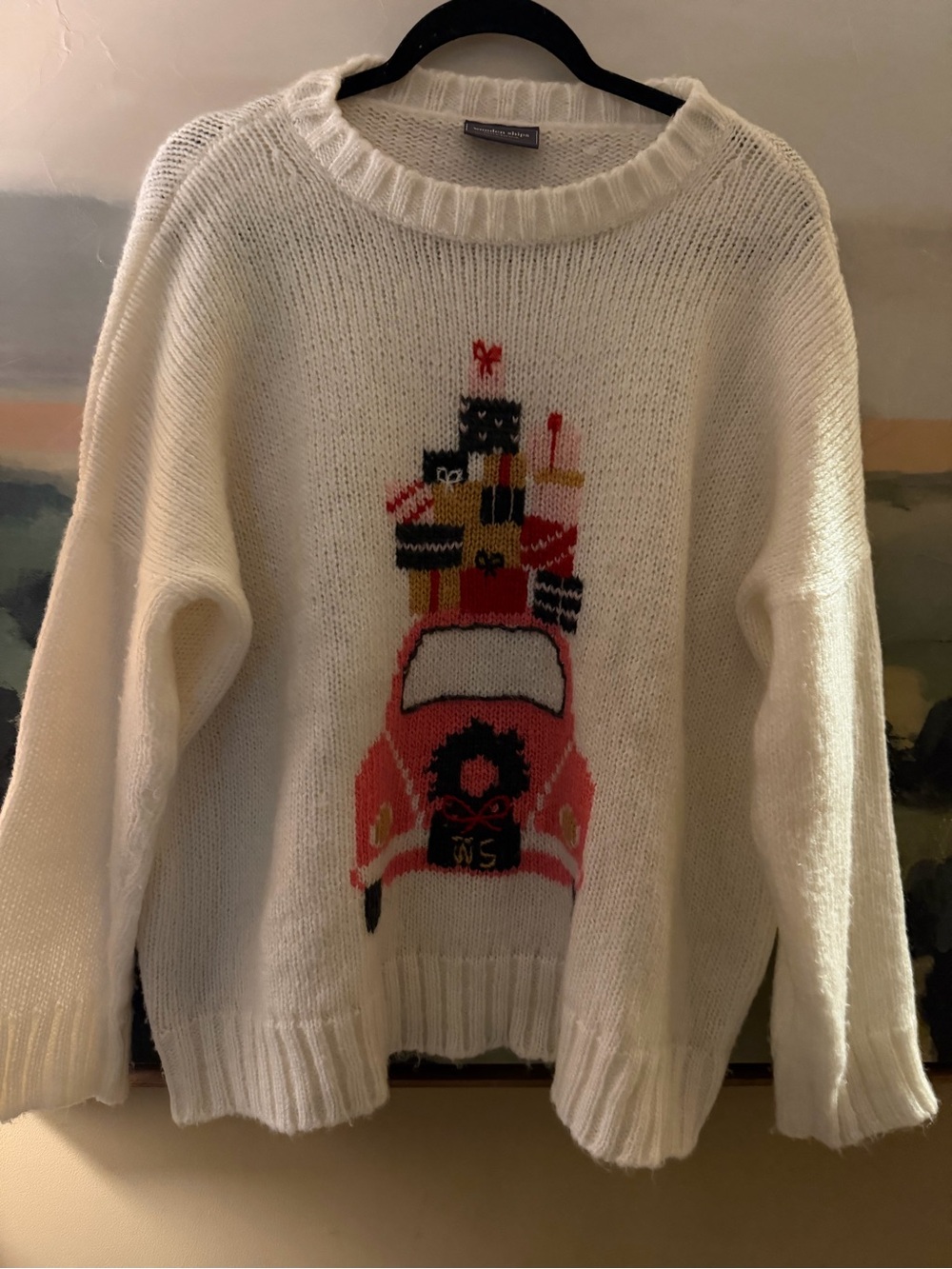 Wooden Ships Cream Crewneck Sweater with Red Car and Multicolor Gifts NWT